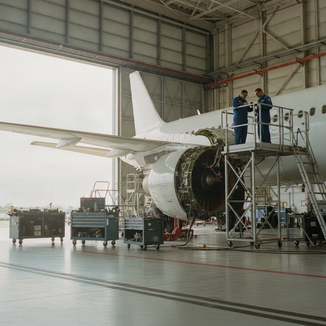 Técnicos aeronáuticos inspeccionando un motor turbofan en hangar con diagnóstico digital