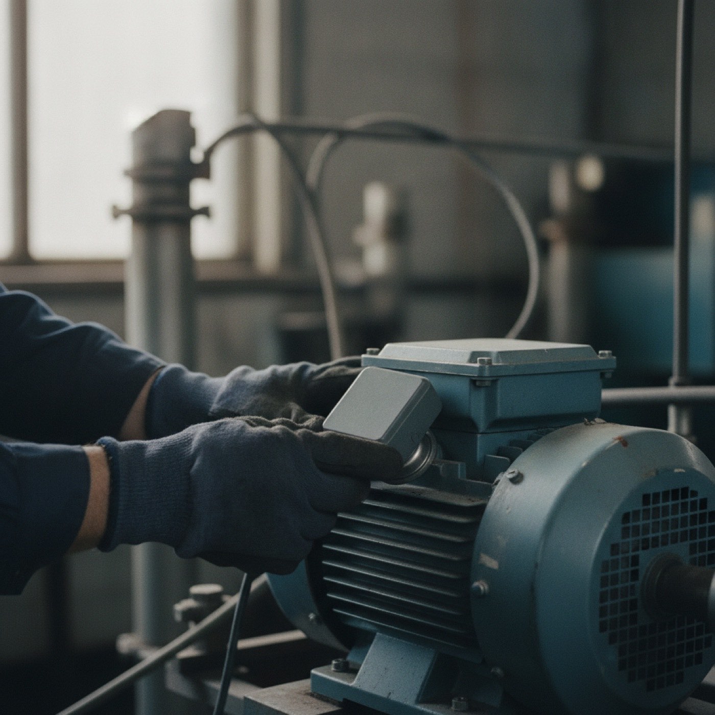 Sensor inalámbrico de vibración instalado sobre el rodamiento de un motor industrial